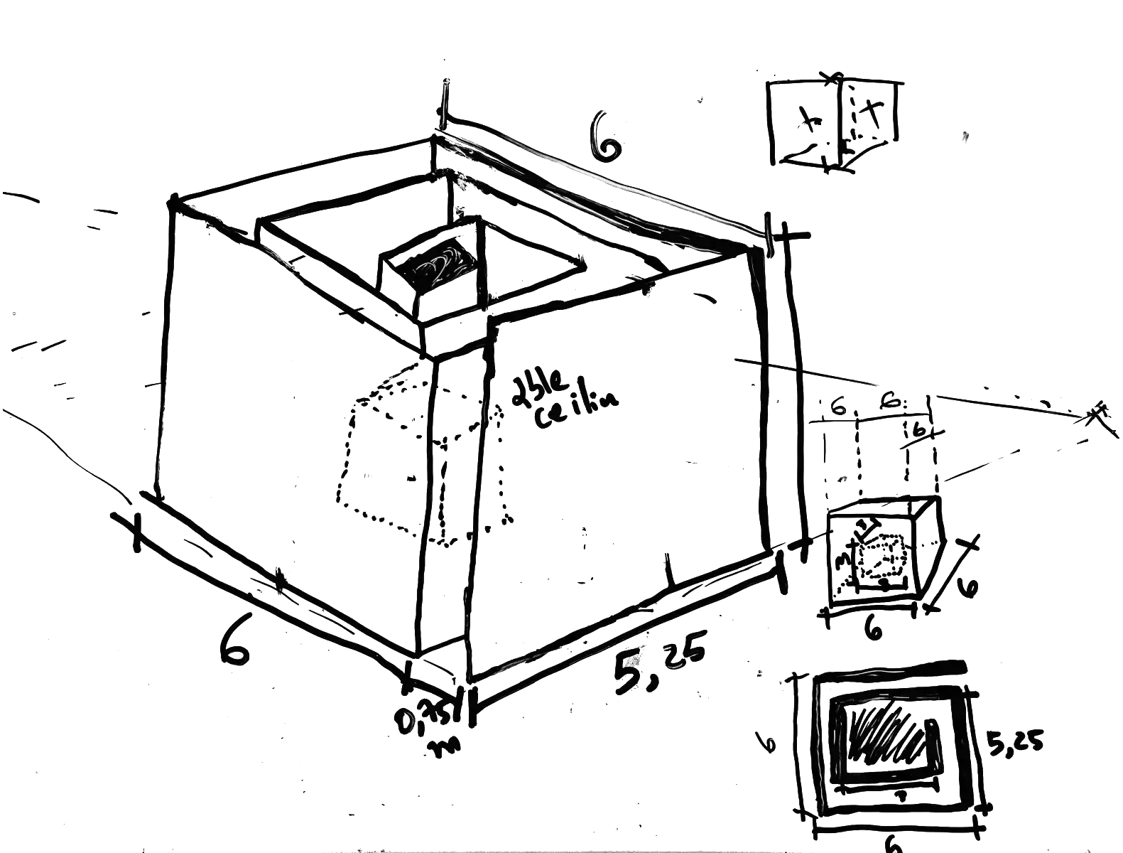 Coro Interno — croquis of the cube, the inner chamber and measurements (marker on whiteboard)